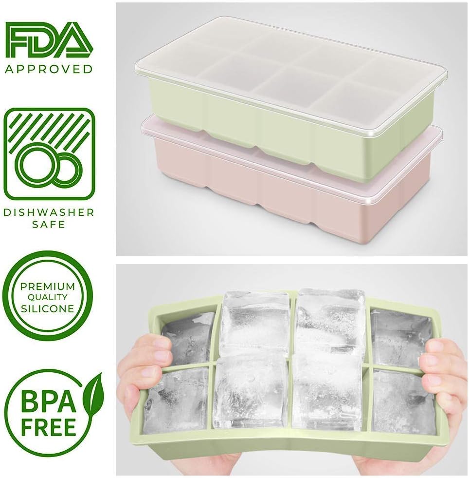 LessMo Ice Cube Tray, 2 Pack XXL Silicone Large 2 Inch Ice Cube Molds with Lids, for Whiskey Cocktails & Wine (Green and Pink) - Image 5