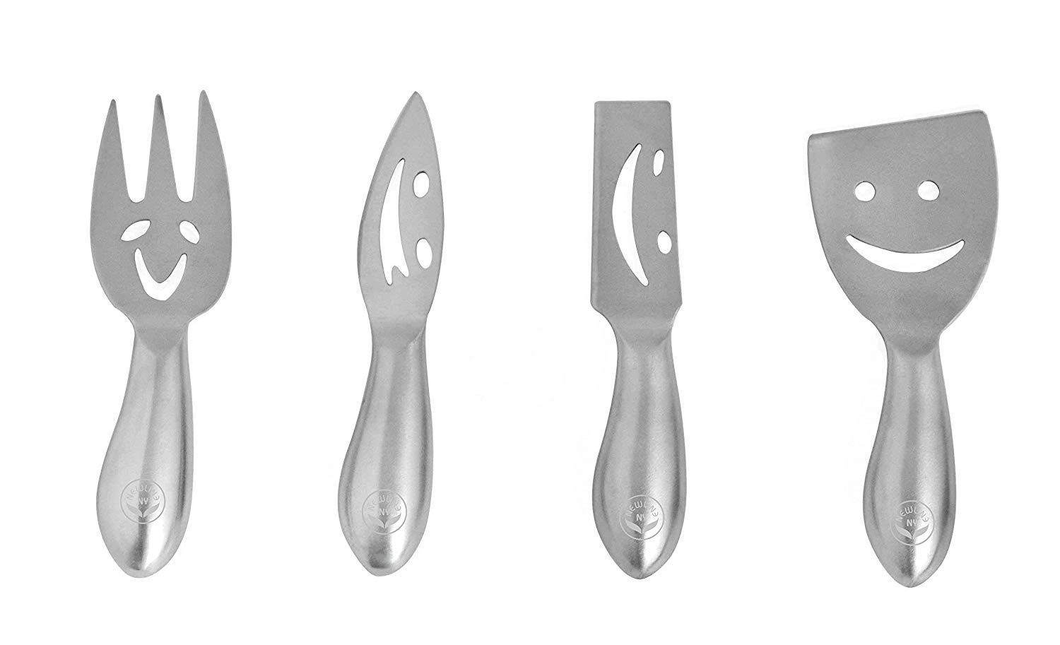 NEWLINE NY Stainless Steel 4 Pieces Smiling Faces Cheese Knife Set: Hard and Soft Cheese Knives, Serving Fork & Cheese Spreader