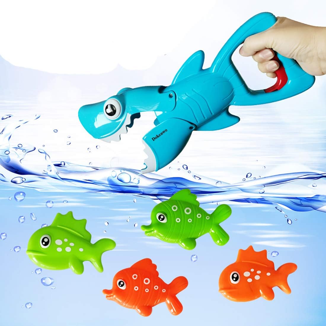 Dokeawo Shark Grabber Baby Bath Toy Set, Great White Shark with Teeth Biting Action Include 4 Floating Fish Pool Bathroom Bath Time Tub Shark
