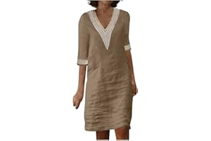 GENERIC Linen Dress Women 2024 Casual Summer 3/4 Sleeve V Neck A Line Knee Length Dress Midi Shirt Cruise Beach Vacation Sun Dresses
