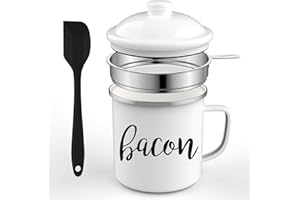 OGERY Bacon Grease Saver with Strainer, 46oz Large Capacity Bacon Grease Container With Silicone Spatula, Farmhouse Bacon Grease Keeper For Kitchen Fat Storage, Dishwasher Safe,White