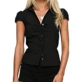 Women's Y2k Ruched Button Down Shirts Cap Sleeve Turn Down Collar Back Tie Up Slim Fitted Short Top
