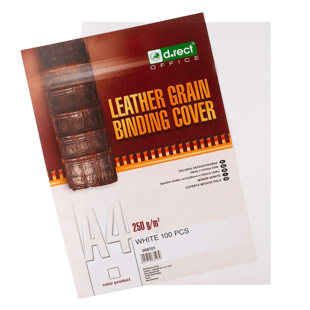 D.RECT Back Cover Sheets with Leather Structure Back Cardboard 250 g/m² Back Cover for Bindings A4 Pack of 100 White