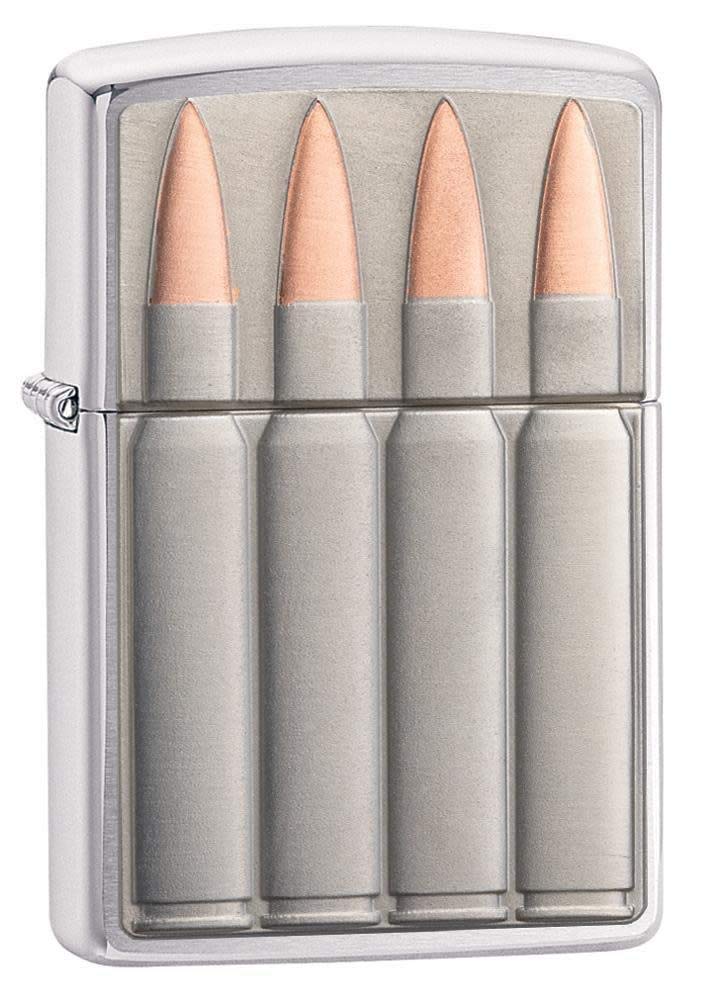 Zippo - Windproof Lighter, Bullets Emblem, Brushed Chrome, Refillable, Reusable, Windproof Design, Gift Box, Made in the USA
