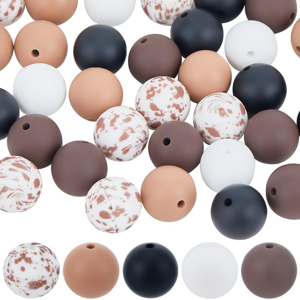 SUNNYCLUE 50Pcs 5 Styles 15mm Round Silicone Bead Bubblegum Pen Beads Matte Frosted Opaque Colorful Coffee Ball Bubble Gum Chunky Loose Spacer Bead for Beadable Pens Jewellery Making Bracelet Decor