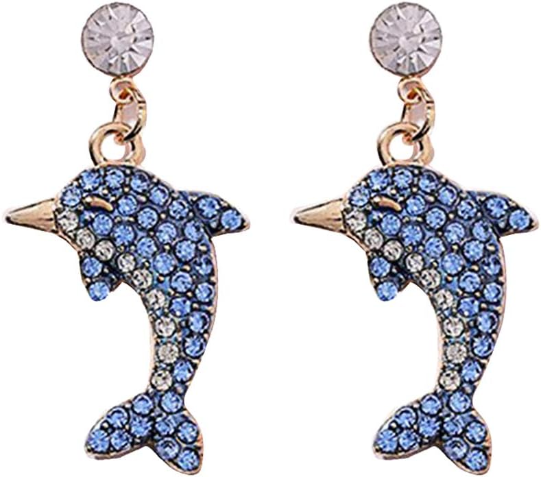 Fashion Earrings, gLoaSublim Cute Dolphin Shape Shiny Full Rhinestone Inlaid Women Stud Earrings Jewelry Gift - Blue