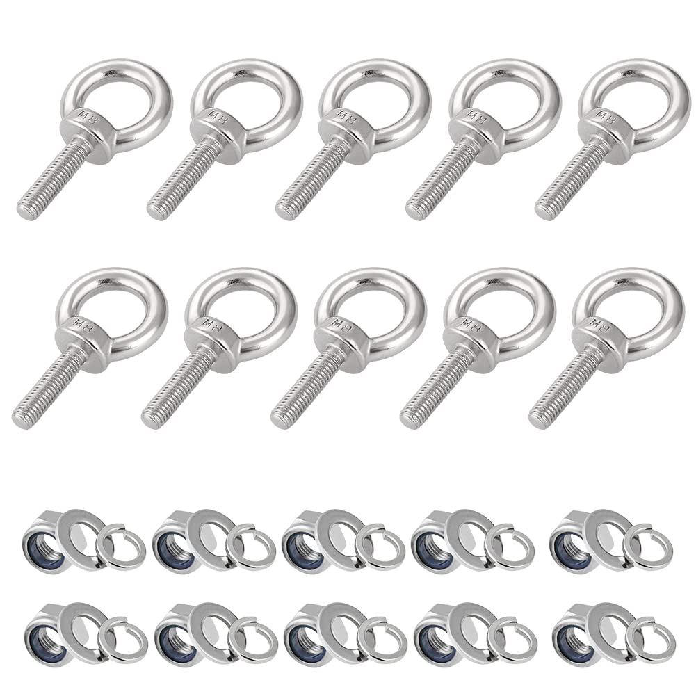 hannger Eye Bolts with Nuts, M8 10Pcs EyeBolts 304 Stainless Steel Machinery Shoulder Lifting Ring Eye Bolt Heavy Duty Screws Bolt with Lock Nuts & Lock Washers, Flat Washers - Thread Length 30mm