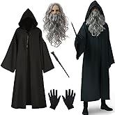 Wizard Costumes with Warlock Cloak Wig Beard Gloves Wand Halloween Magician Sorcerer Cosplay Outfit Party Props Black