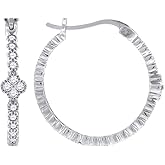 Sterling Silver Womens Cubic Zirconia Flower Center Single Row Huggie Hoop Earrings