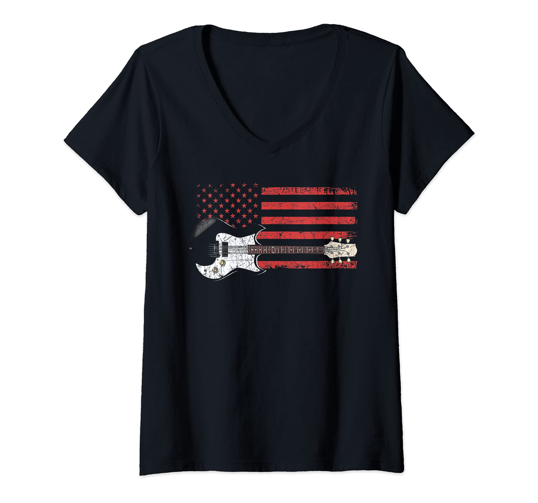 Womens Musician Patriotic Guitarist USA Flag Guitar Player Guitar V-Neck T-Shirt