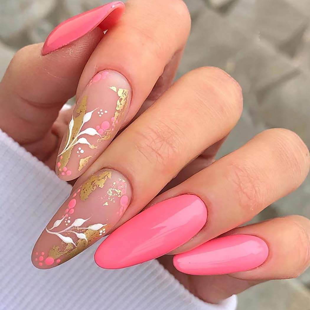 Brishow False Nails Almond Pink Fake Nails Gold Leaf Press on Nails Ballerina Acrylic Stick on Nails 24pcs for Women and Girls (G)