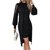 WDIRARA Women's Pearls Beaded Mesh High Waist Dress Mock Neck Long Sleeve Bodycon Midi Dresses