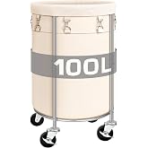 Ollieroo 100L Round Rolling Laundry Hamper Basket with Wheels, Beige | Laundry Sorter Cart with Removable Bag, Clothes Organizer, Metal Frame, Bedroom, Bathroom, Laundry Room, Dorm Use