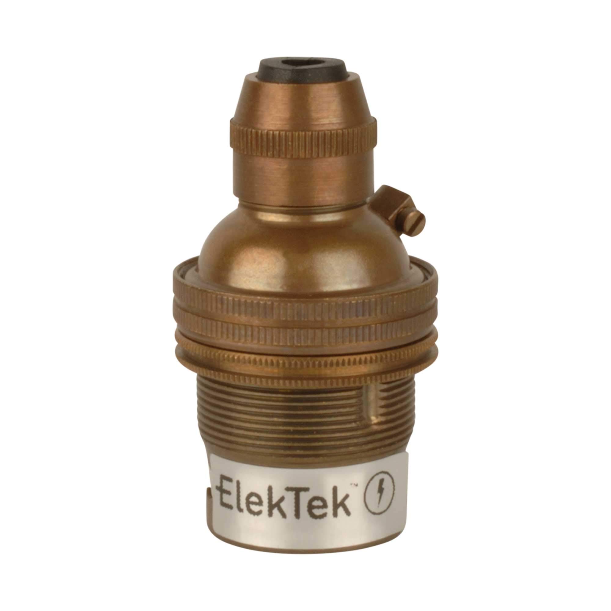 ElekTek B22 BC Bayonet Antique Brass Cord Grip Ceiling Pendant Unswitched Lamp Light Bulb Holder with Shade Ring - For use with Ceiling Rose and Lighting Flex (7mm Max. Dia.) - Made in UK