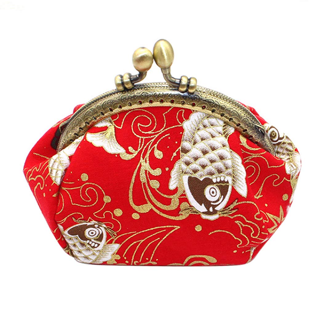 iSuperb Women Vintage Fish Pattern Small Coin Purse Cotton Cloth Hasp Change Purse with Clasp Wallet | Lady Girls Key Holder Lipstick Organizer (Red)