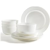 Tabletops Gallery 12 Piece Kitchen Dinnerware Set, Microwave Dishwasher Safe, Plates, Bowls, Service for 4, Texture Opal Glass, White