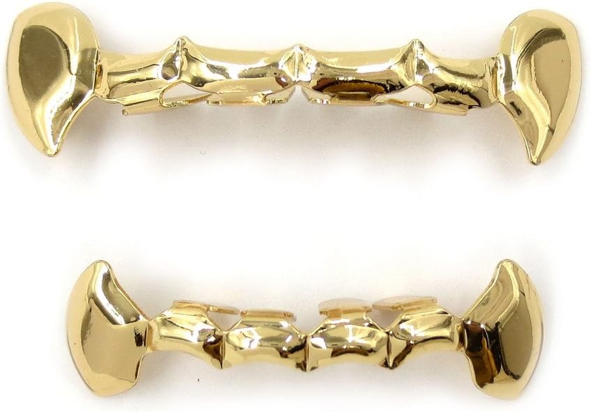 TSANLY 24K Gold Plated Grillz Vampire Fangs Grill Top & Bottom Hip Hop Mouth Teeth Caps for Gift + Extra Molding Bars + Microfiber Cloth