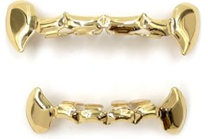TSANLY 24K Gold Plated Grillz Vampire Fangs Grill Top & Bottom Hip Hop Mouth Teeth Caps For Gift + Extra Molding Bars + Microfiber Cloth