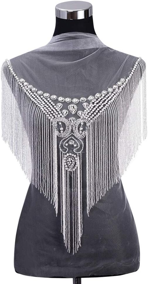 Rhinestone Bodice Applique, FANGZHIDI Silver Handmade Waterfall Dangling Beaded Patch with Tassel Fringe