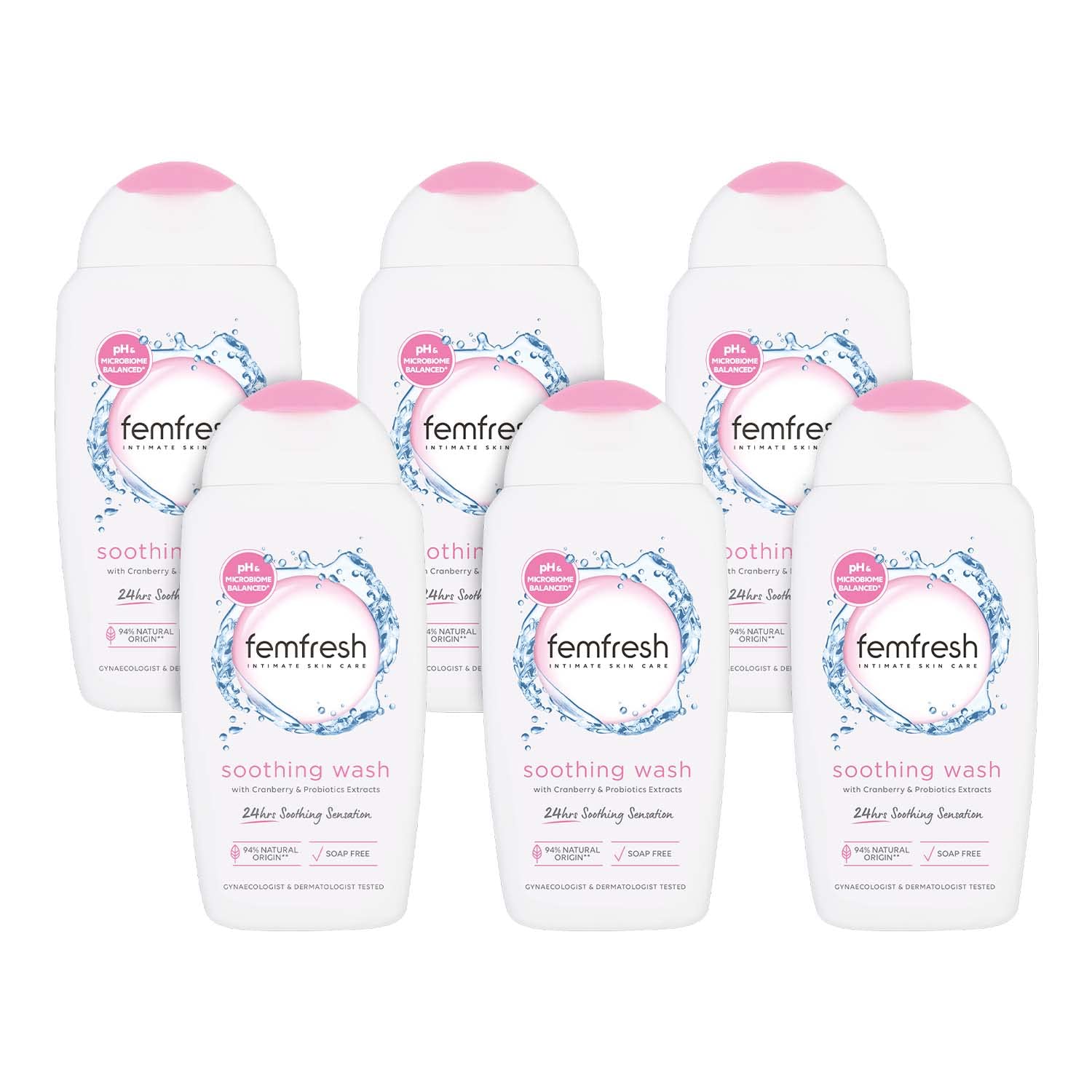 Femfresh Ultimate Care Soothing Wash – Intimate Vaginal Feminine Hygiene Shower Gel Cleanser – pH Balanced, Soap Free w.Hydrating Cranberry & Probiotics Extract, Long-Lasting – 6 x 250 ml Multi Pack