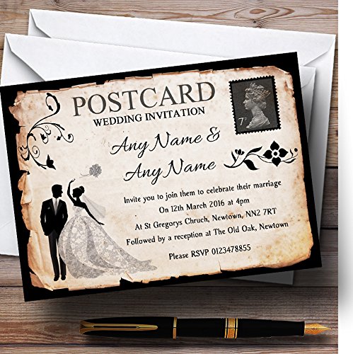 Black White Vintage Rustic Postcard Personalized Wedding Invitations