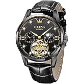 OLEVS Mens Leather Watches Automatic Mechanical Skeleton Tourbillon Diamond Luxury Self Winding Dress Wrist Watches Moon Phase Waterproof Luminous