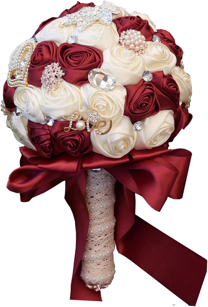 Jackcsale Wedding Bouquet Bride Bouquet Bridal Brooch Bouquet Bridesmaid Bouquet Valentine's Day Confession (373 WineRed+Creamy)
