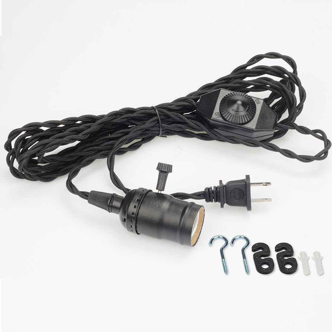 Pendant Light Socket, Plug in Pendant Light Kit with Dimmer Switch and Fabric Cloth Light Cord, Vintage Black Single Edison Lamp Socket, Bulb Cable for Swag Hanging Lamp Fixture, by Supmart