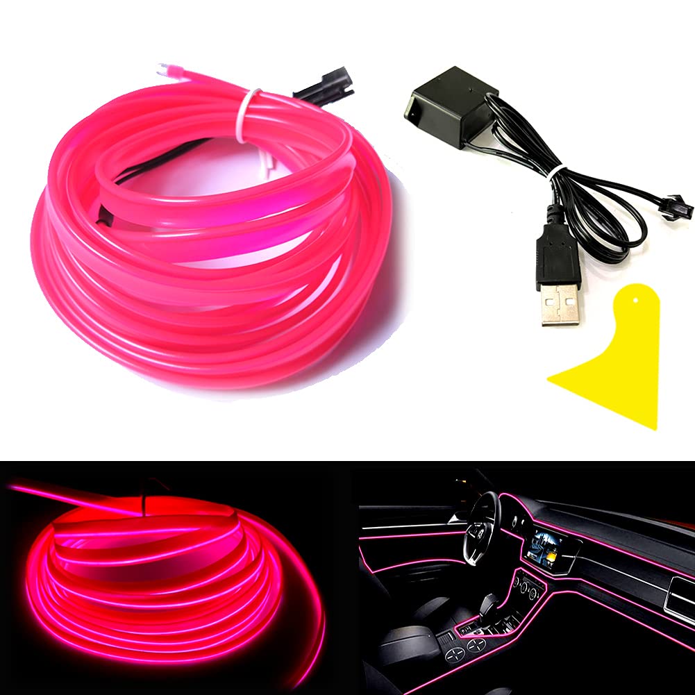 Balabaxer El Wire Pink Interior Car LED Strip Lights, 5M Neon Wire USB 5V with Fuse Protection for Automotive Car Interior Decoration with 6mm Sewing Edge…
