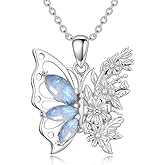 MILKYX Rainbow Genuine Moonstone Necklace for Women Mom Friend 925 Sterling Silver Butterfly Pendant with Natural Gemstone June Birthstone Gift Elegant Jewelry