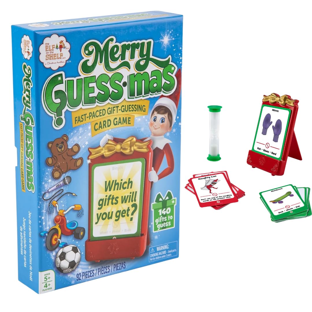 Elf on the Shelf Merry Guess-mas Card Game: Fast-Paced Family Fun for Christmas - Includes 70 Present Cards, Sand Timer, Stand, and Instruction Sheet - Age 5+ for 4 Players