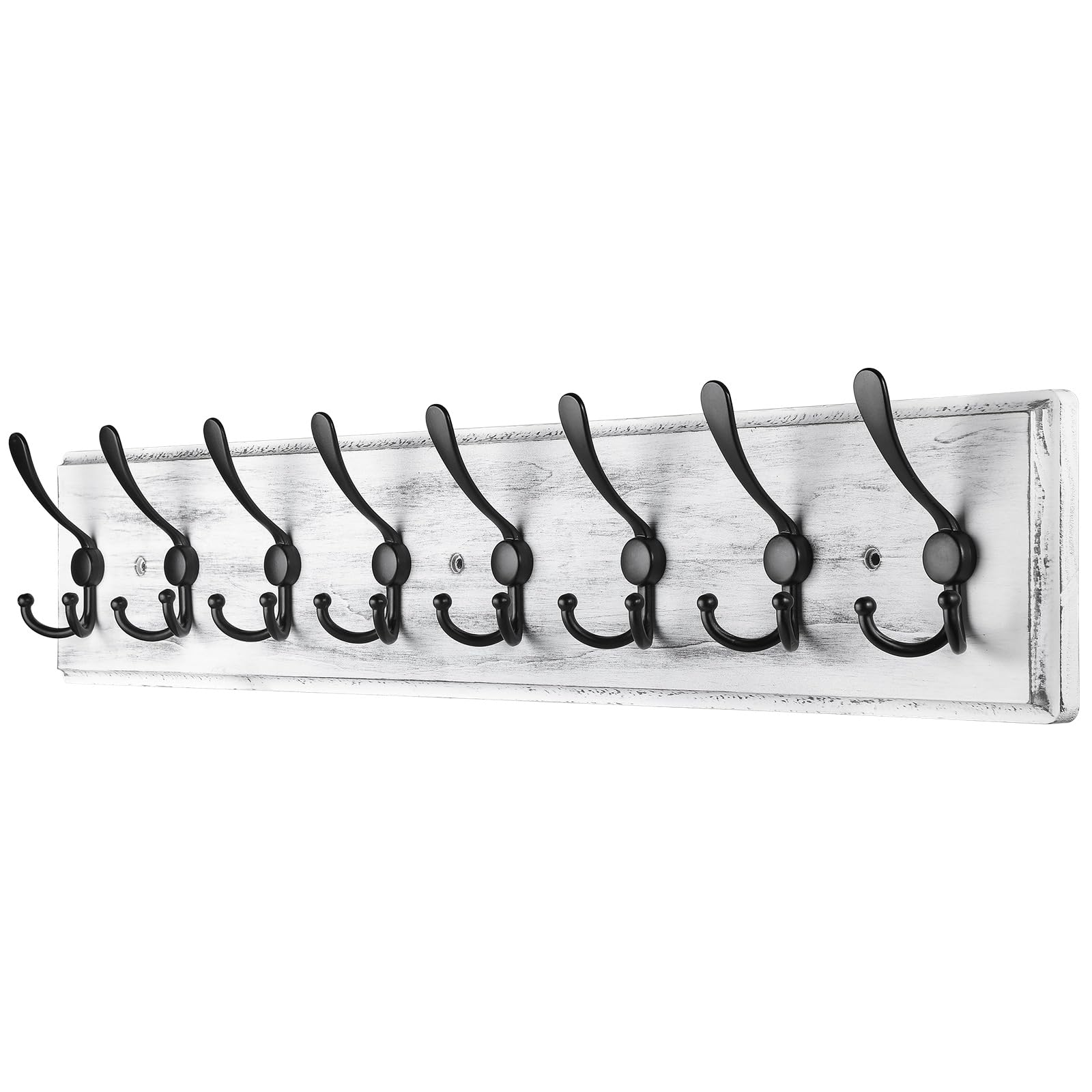 PHINGEER Wall Mounted Coat Hooks, Wooden Heavy Duty Coat Rack for Wall,8 Triple Coat Hanger Hooks for Hanging Coats,Jacket,Hat,Clothes(Grey White, 8 Hooks)