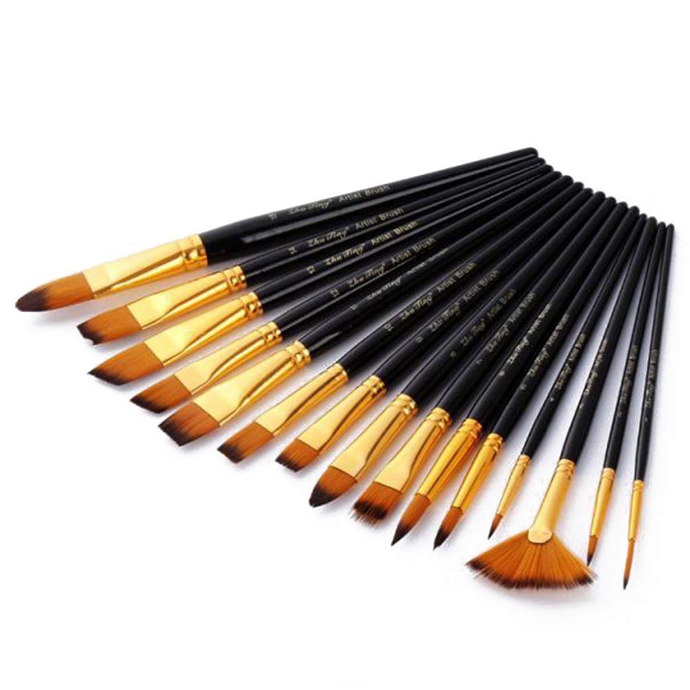 Paint Brush Set 15 Professional Art for Acrylic Watercolor Oil Gouache and Face Painting Oil Painting Bursh with Black Cloth Bag