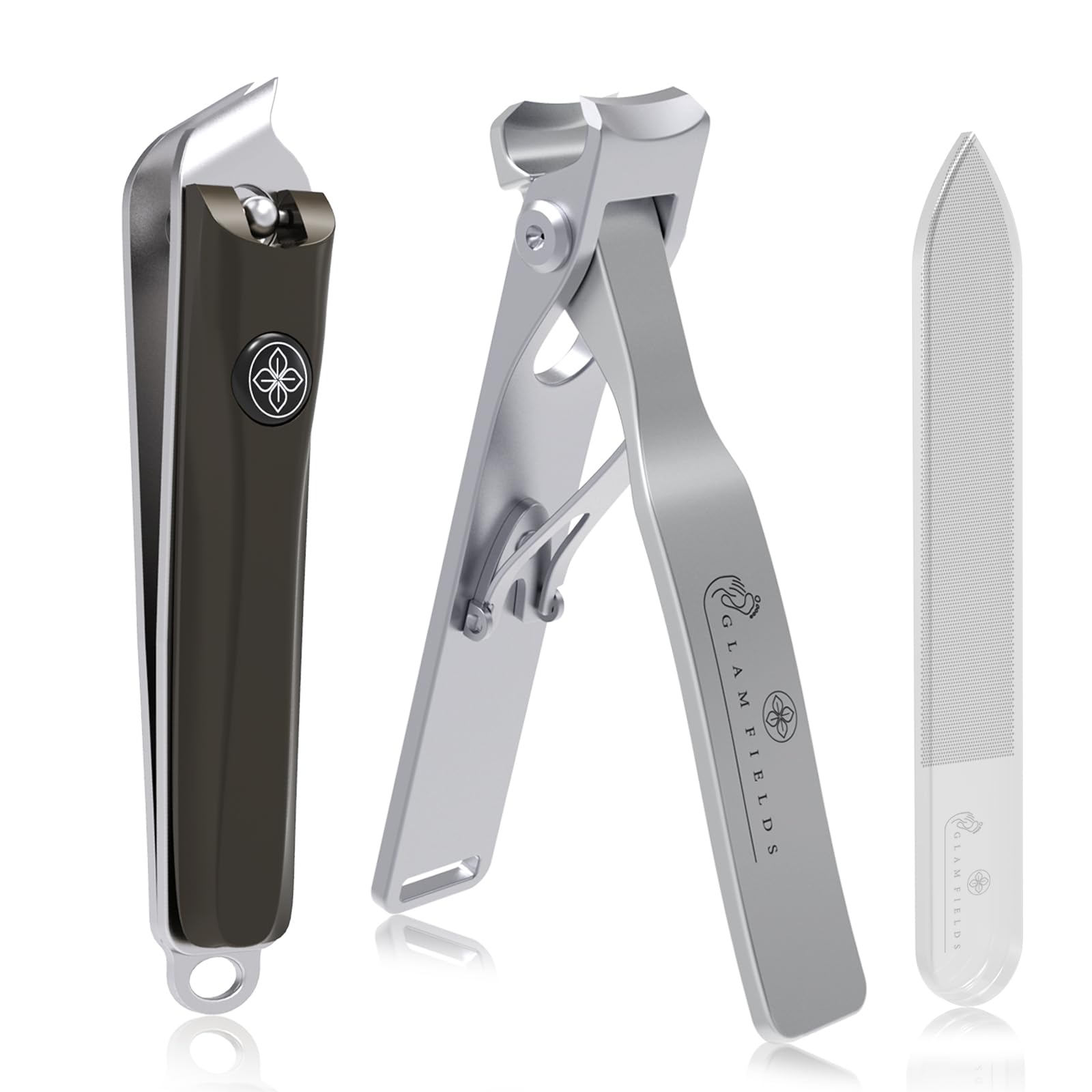 3pcs Nail Clippers Set, GLAMFIELDS Extra Long Slanted Edge Fingernail Clipper Leather Case Packed Good Gift, 17mm Ultra Wide Jaw Opening Nail Cutter Toenail Clippers for Men Women Seniors Thick Nails