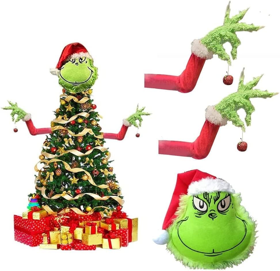 Tree Toppers - Christmas Tree Decorations 3Pcs Christmas Elf Grinch Green Monster Decor Tree Topper, Furry Green Elf Head/Arms for Theme Party Courtyard Christmas Tree Topper