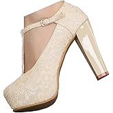 getmorebeauty Women's Mary Janes T-Strappy Lace Women Dress Wedding Shoes
