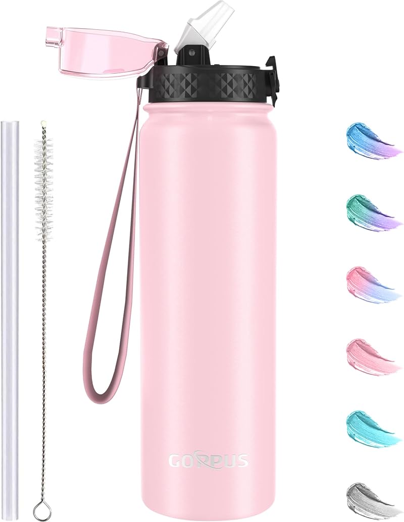 GOPPUS 1L Stainless Steel Water Bottle with Straw Double Wall Insulated