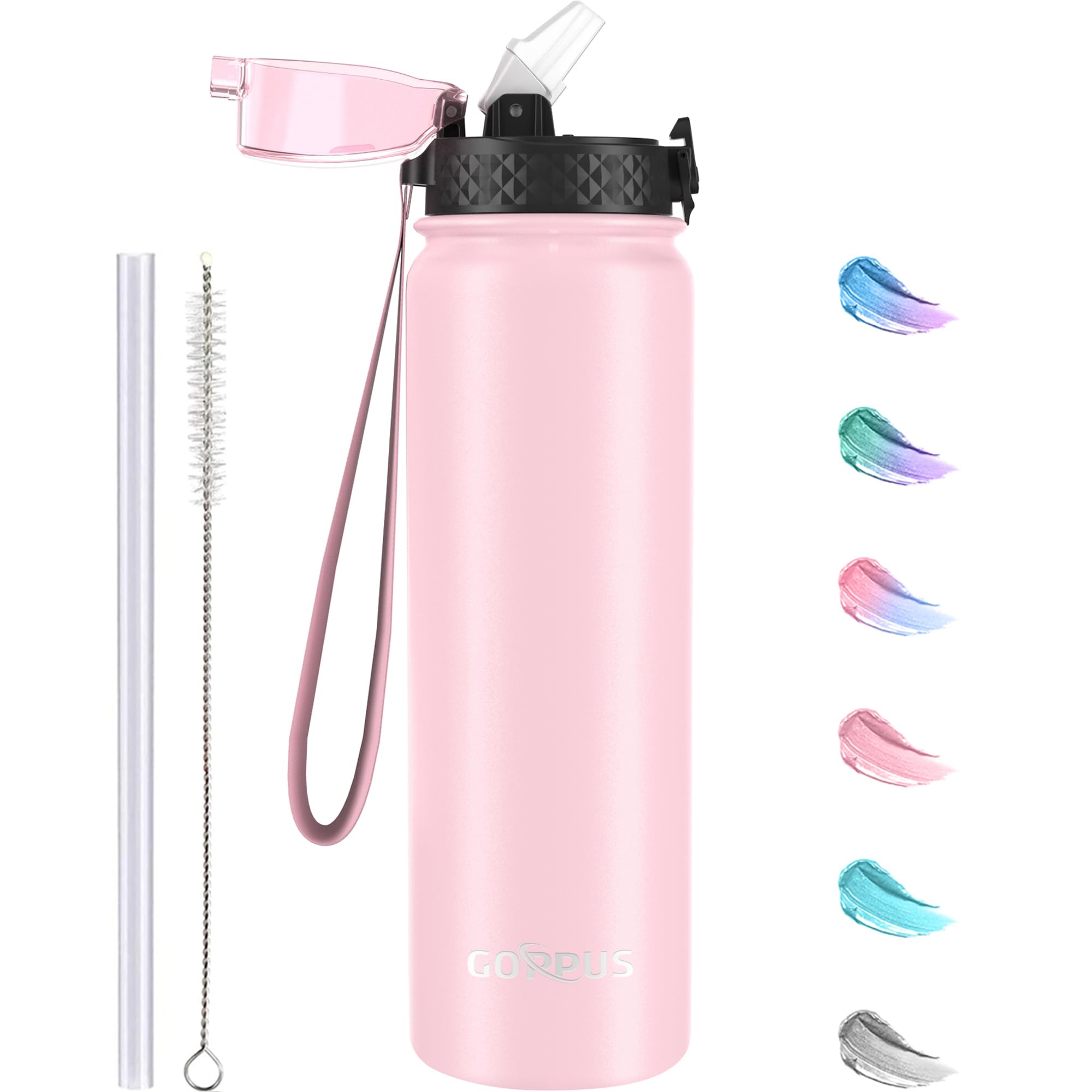 GOPPUS 1L/32oz Stainless Water Bottle with Straw Double Wall Insulated Bottles with Strap Reusable Vacuum Thermal Flask Leakproof Keep Cold Drinks Bottles with Flip Top Lid for Gym Men Women BPA Free
