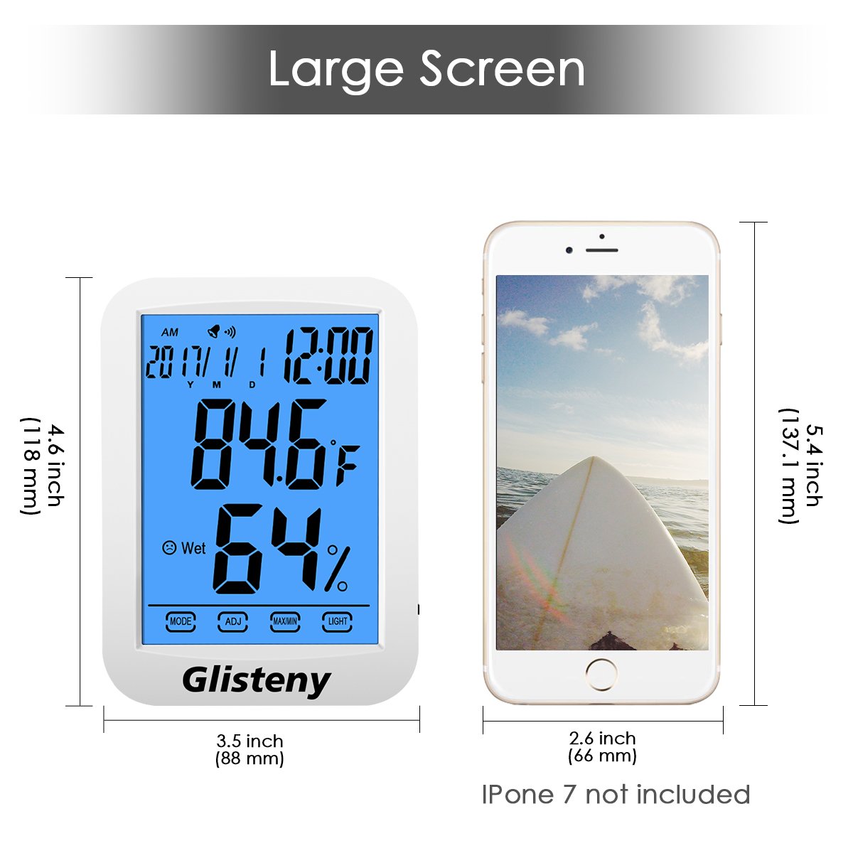 Thermomètre Hygromètre Intérieur,GLISTENYThermomètre Interieur Numérique à écran LCD Tactile,Moniteur de Température et d\'humidité avec horlogie calendrier