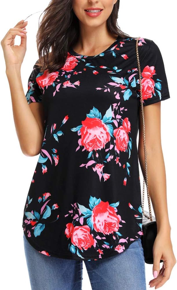 INWECH Women Casual Floral Print Blouses Tops Short Sleeve Round Neck T Shirt Blouse Tee with Curved Hem