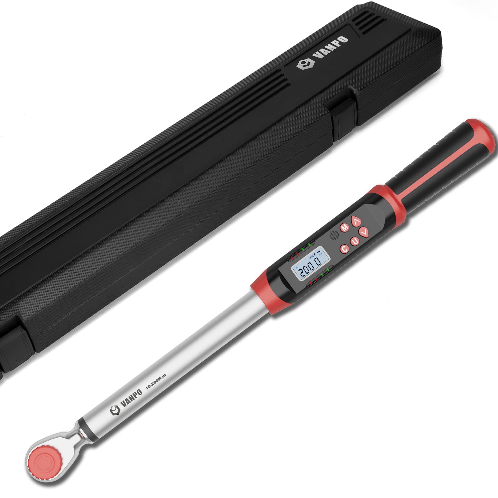VANPO Digital Torque Wrench 1/2-Inch Drive 7.38-147.5ft-lbs/10-200NM, Dual-Direction Adjustable Electronic Torque Wrench with Preset Value, Buzzer and LED Flash Notification, for Bike Moto Car
