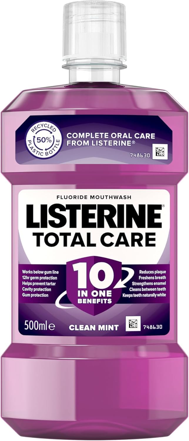 Listerine Total Care Antibacterial Mouthwash (1x 500ml), Caring and Cleansing Mouthwash to Freshen Breath with 10-in-1 Benefits, Clean Mint-Flavoured