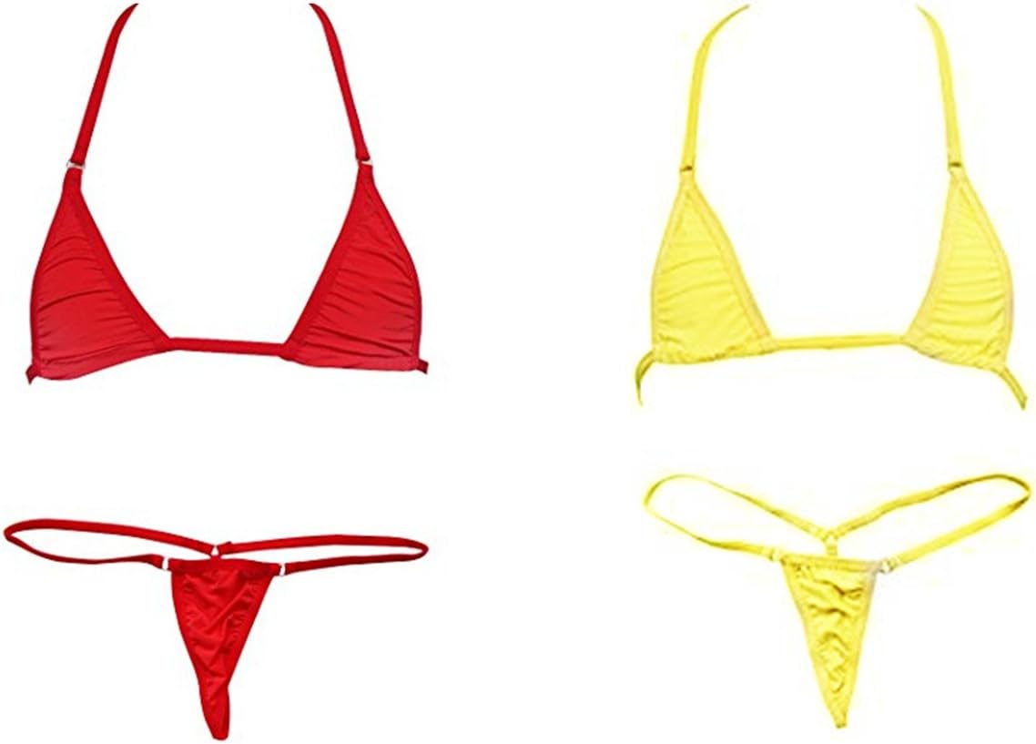 ADESUGATA Sexy Woman -Bikini Small Top and Sexy G-String Set-Tie Side Thong Bikini Small Top Mini Micro Bottom (Yellow + Red)