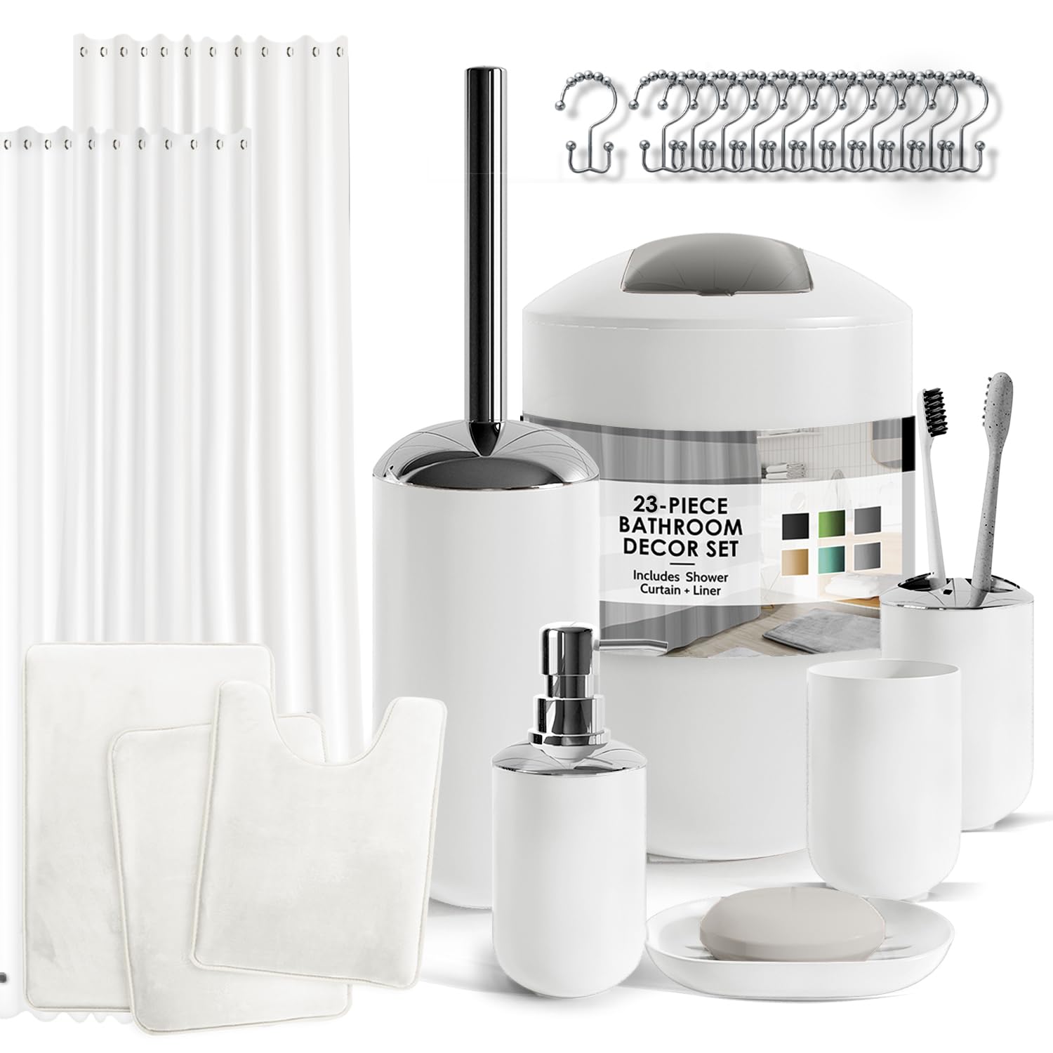 Clara Clark Bathroom Set - White Bathroom Accessories Set, Bathroom Sets with Shower Curtain and Rugs, 23PC Shower Curtain Set with Liner, Soap Dispenser, Soap Dish, Toilet Brush Holder, and Trash Can Image