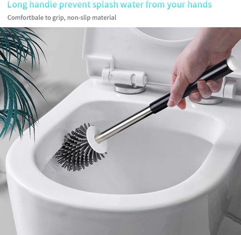 MEXERRIS Toilet Brush and Holder Set Stainless Steel with Soft Silicone Bristle, Sturdy Cleaning Toilet Bowl Cleaner Brush Set for Bathroom Storage Organization - Tweezers Included (Black): Kitchen & Dining