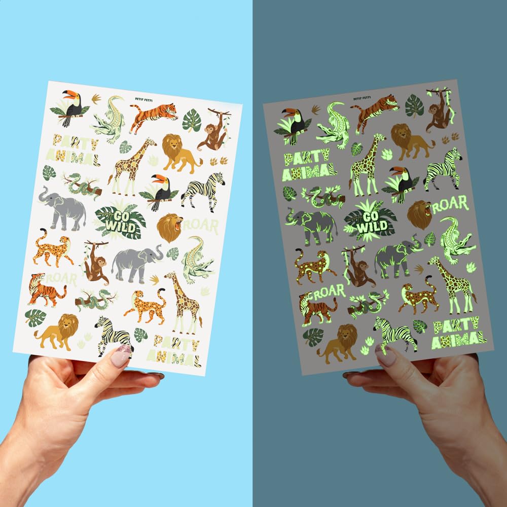 xo, Fetti Jungle Animal Glow in Dark Temporary Tattoos for Kids - 48 Pcs | Elephant Party Decorations, Wild Animal Birthday Party Supplies, Giraffe Favors, Safari Baby Shower, Tiger
