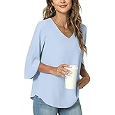 TAOHUADAO Womens 2026 Summer 3/4 Sleeve Tunic Tops Chiffon Work Blouse V-Neck Dressy Casual Shirt