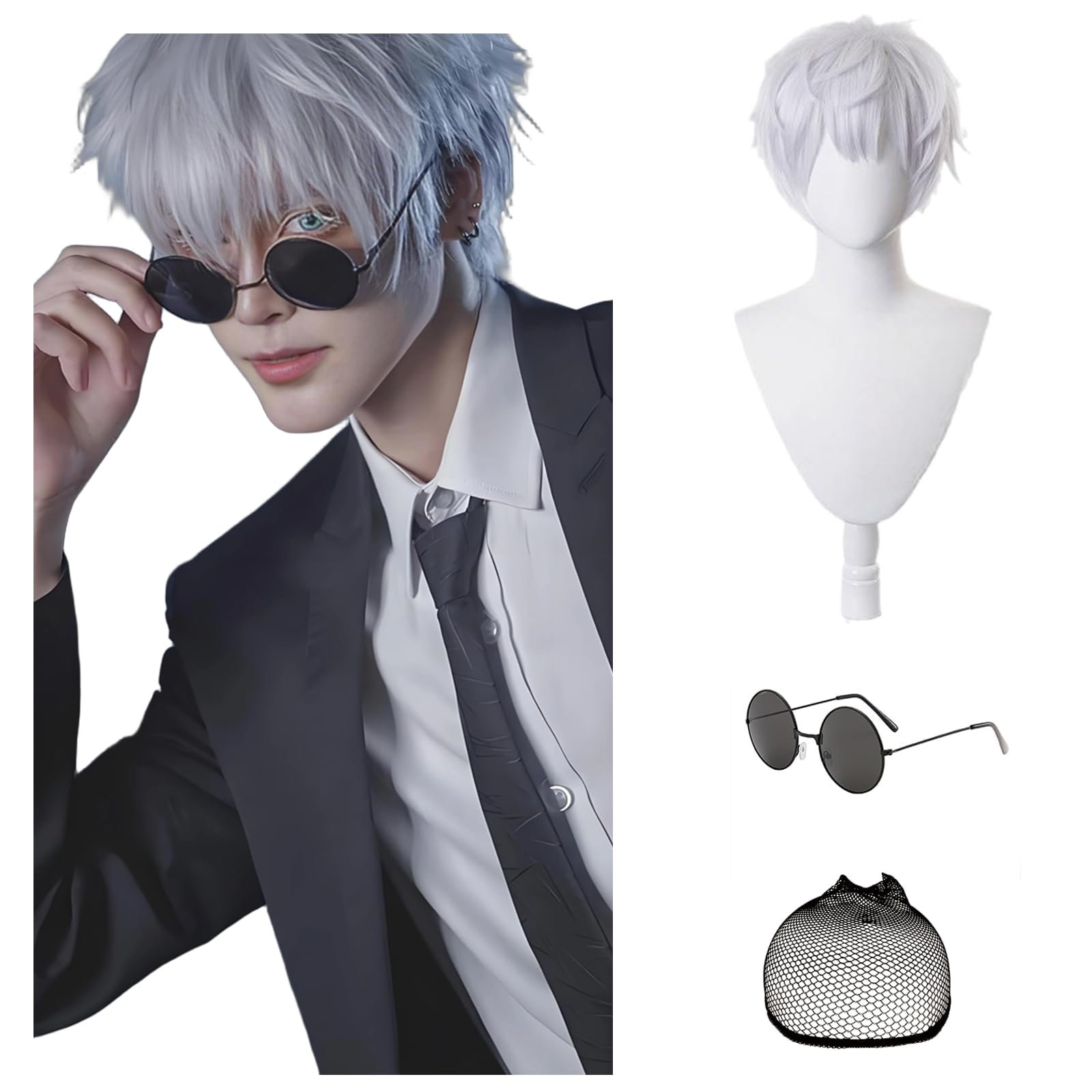 3Pcs Short Silver Violet Wig for Men Costume Wigs with Wig Cap Glasses Men’s Off-White Cosplay Synthetic Layered Hair Silver Man Wigs for Costumes Cosplay Halloween Carnival Parties Anime