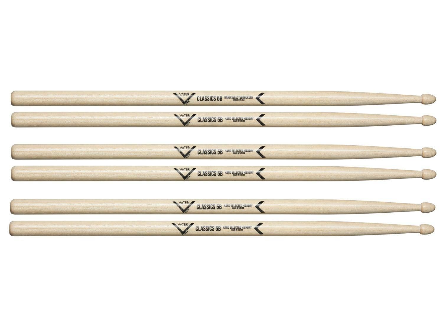 Vater - Classics 5B (Wood Tip) American Hickory Drumsticks - 3 pair pack - VSP35BCL