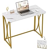 coeztt Folding Desk, 31.5" Small for Bedroom, Space Saving Foldable Computer Desk for Home Office, Easy Assembly, White and Gold